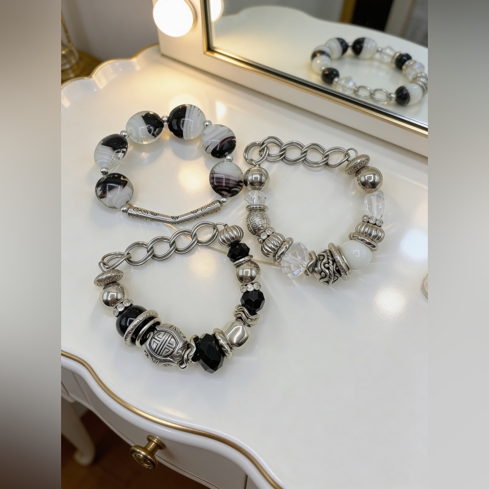 Midnight Elegance Black & Silver Charm Bracelets, 3 piece